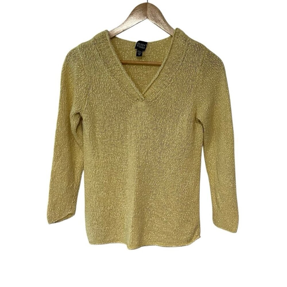 Eileen Fisher Linen Blend V-Neck Knit Sweater Yellow Medium Beach Resort Spring